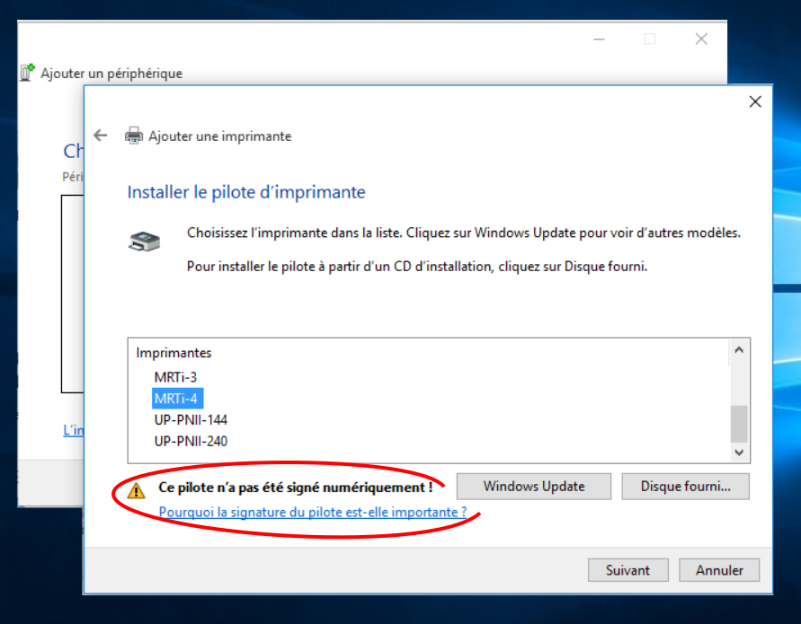 Ecran ajout imprimante 1